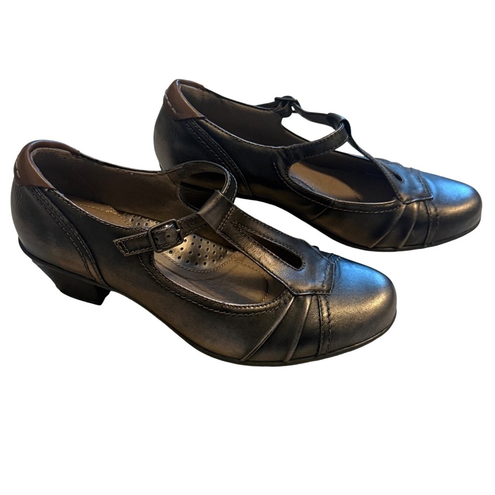 Earth Wanderlust Pewter Metallic Leather T-Strap Mary Jane Heels Womens 8.5B